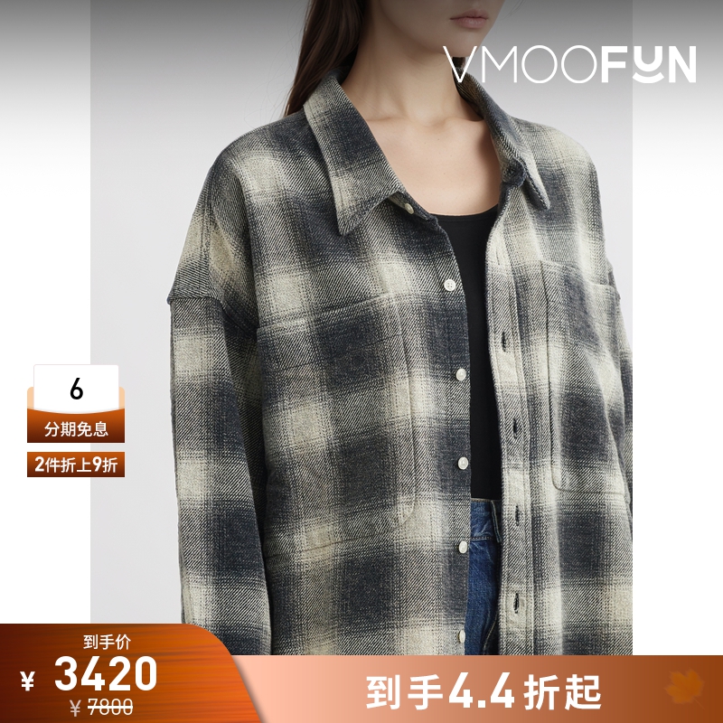 【折扣】R13 女士时尚简约深色黑白格纹棉质衬衫