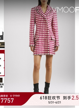 【618狂欢】Oscar de la Renta秋冬女毛边格纹羊毛桑蚕丝连衣裙