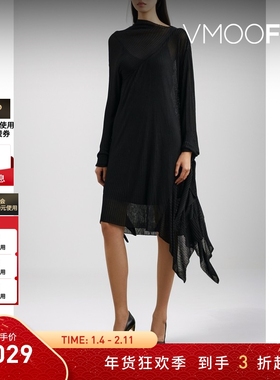 【折扣】Marques' Almeida 秋冬女罗纹针织小黑裙长袖连衣裙