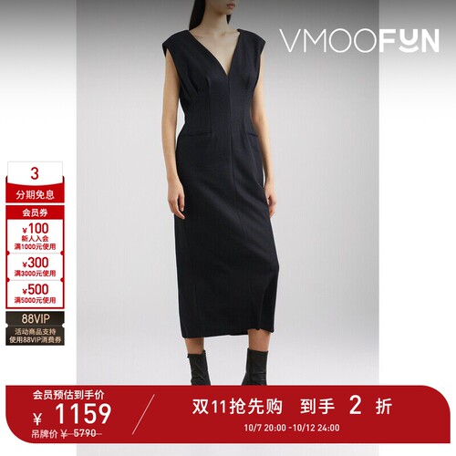 【折扣】Mame Kurogouchi 秋冬女羊毛中长V领连衣裙小黑裙