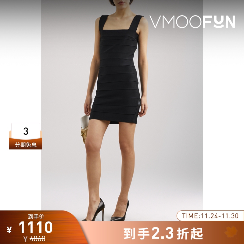 【折扣】Herve Leger女挖剪弹力针织连衣裙小黑裙