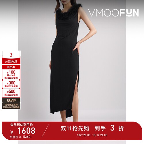 【D11抢先购】COPERNI女士羽毛边饰露背弹力面料中长连衣裙