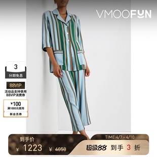 Sleeper 春夏女羽毛边饰条纹绉纱睡衣套装