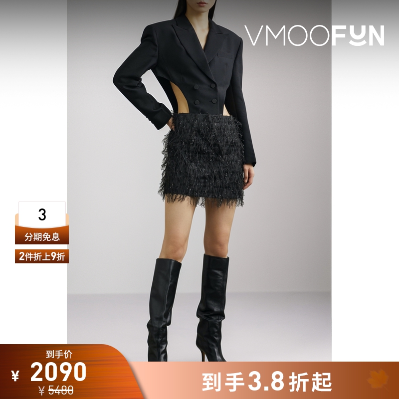 【折扣】YCH 秋冬女羊毛真丝拼接提花面料小黑裙长袖连衣裙