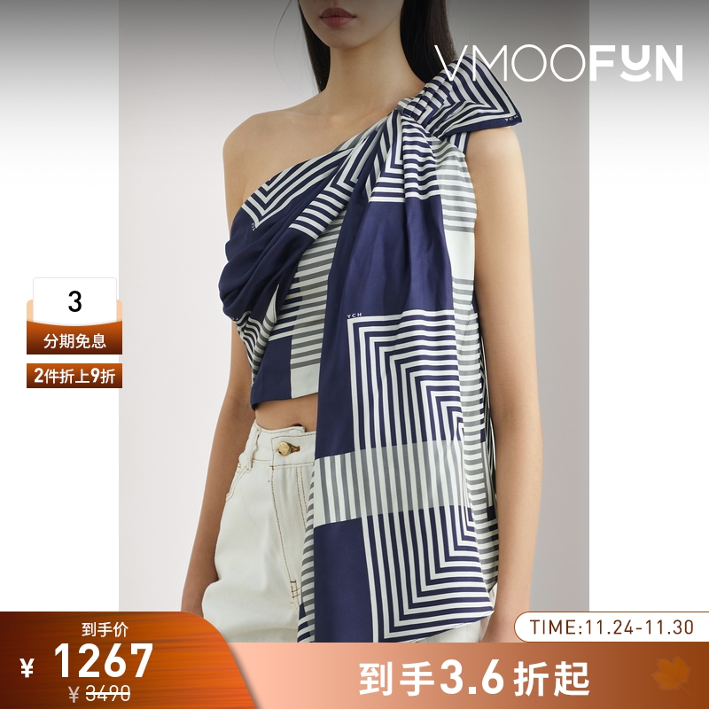 【折扣】YCH 夏季女凉感不对称单肩印花丝缎上衣