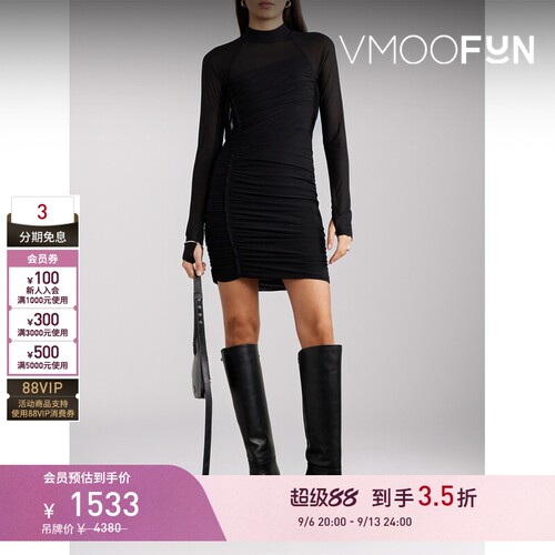 【折扣】Helmut Lang 春夏女垂褶分层式绉纱小黑裙连衣裙