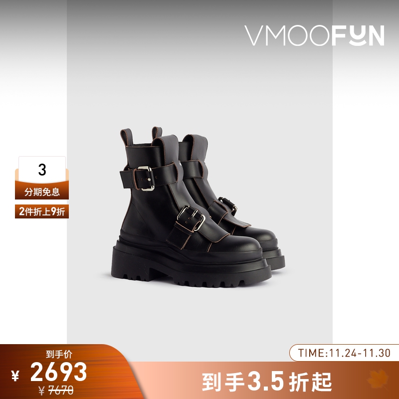 【折扣】PLAN C 冬女皮革厚底黑色马丁靴