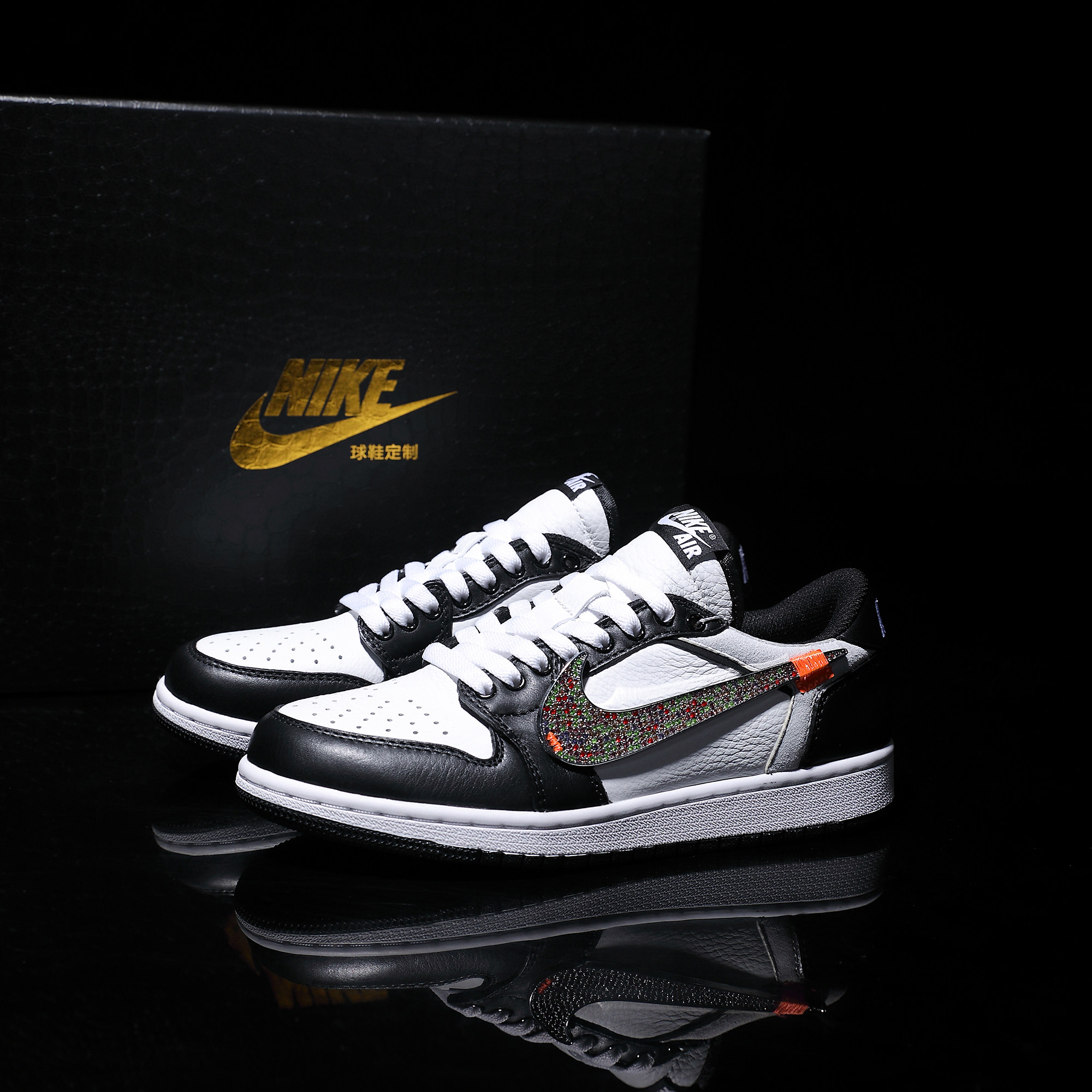 Nike耐克 【定制球鞋】Air Jordan1黑白头层牛皮刺绣情侣款潮鞋
