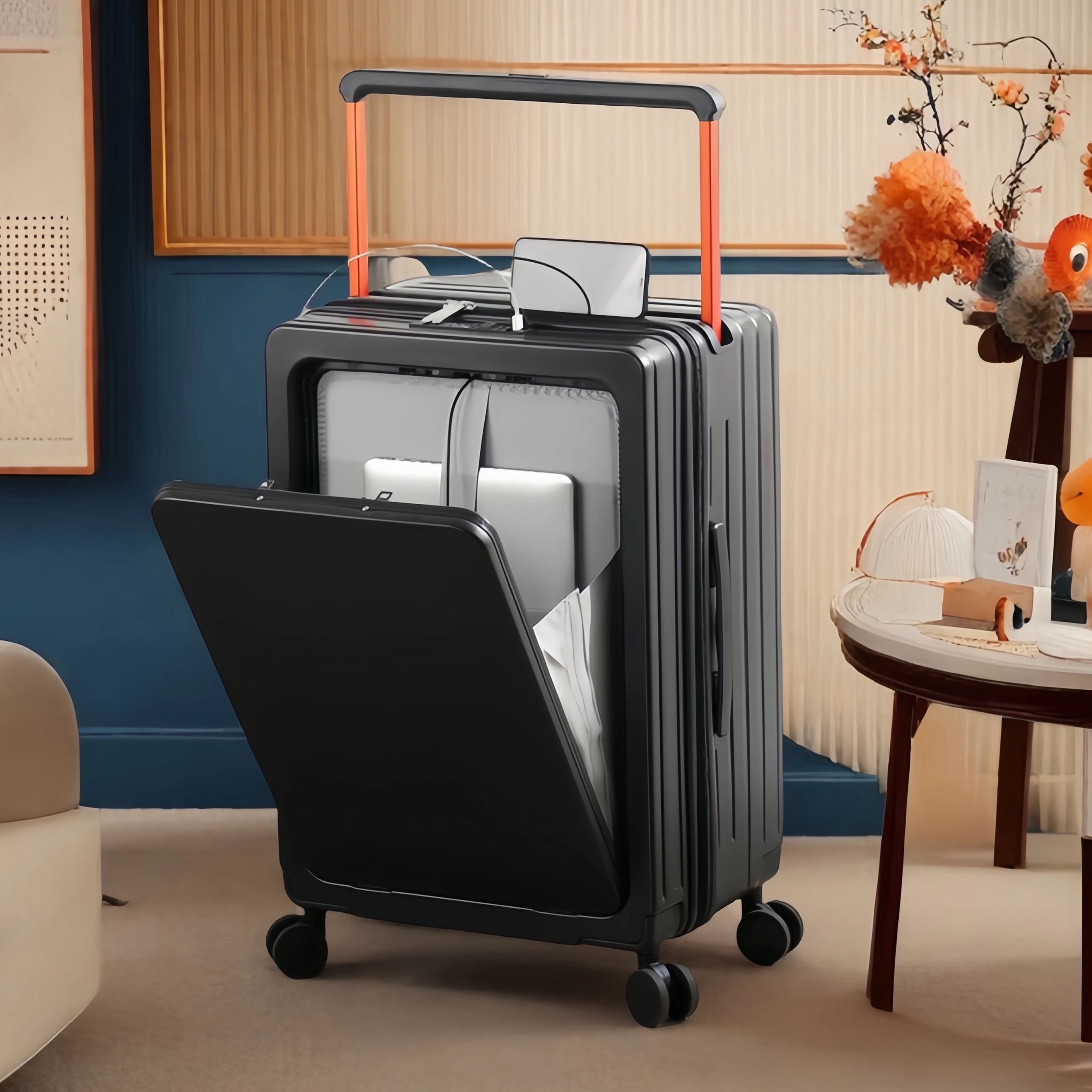 前开盖宽拉杆多功能行李箱20寸抗摔登机旅行密码箱24万向轮拉杆箱