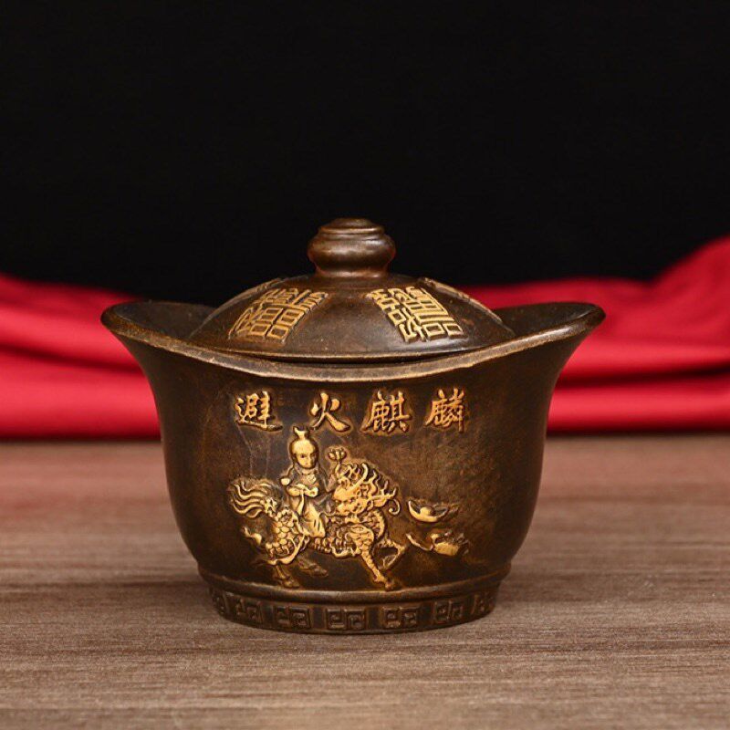纯铜避火麒麟元宝盆厨房在东北角化解黄碎石辟壁必火龙罐黄铜摆件