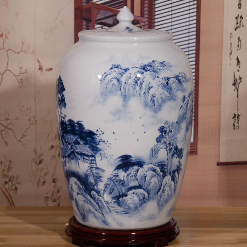 景德镇青花陶瓷米缸家用带盖30斤40斤100斤装密封桶防潮防虫面缸