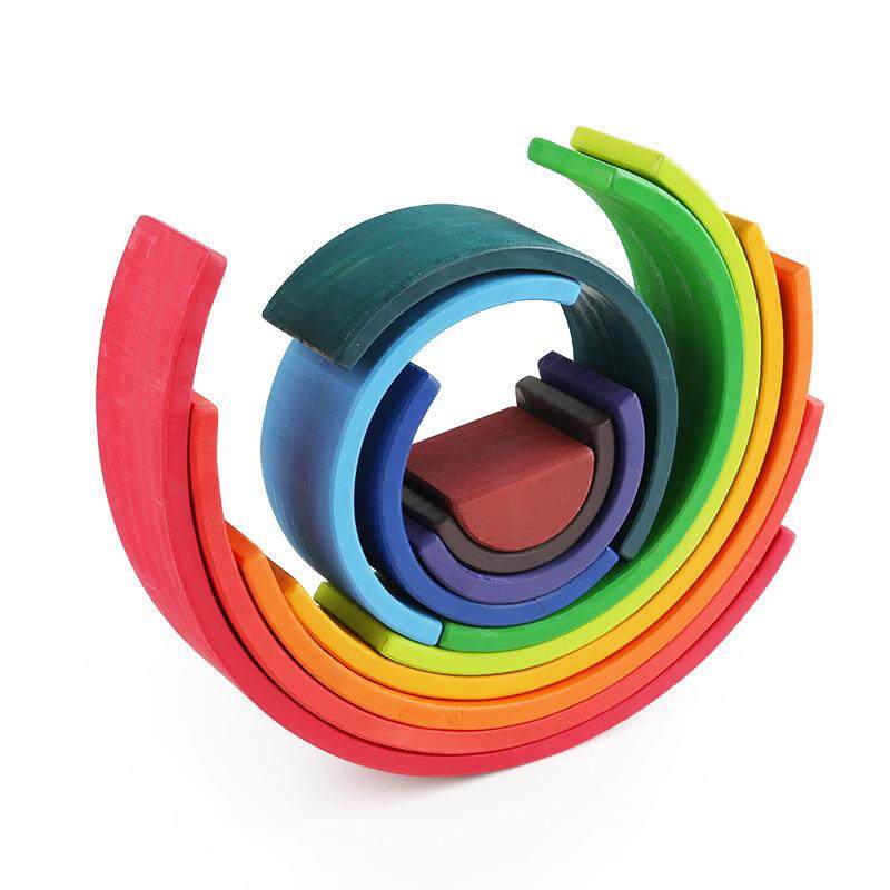 儿童实木12片拱形彩虹桥积木拼搭叠叠乐早教亲子互动玩具3-10岁