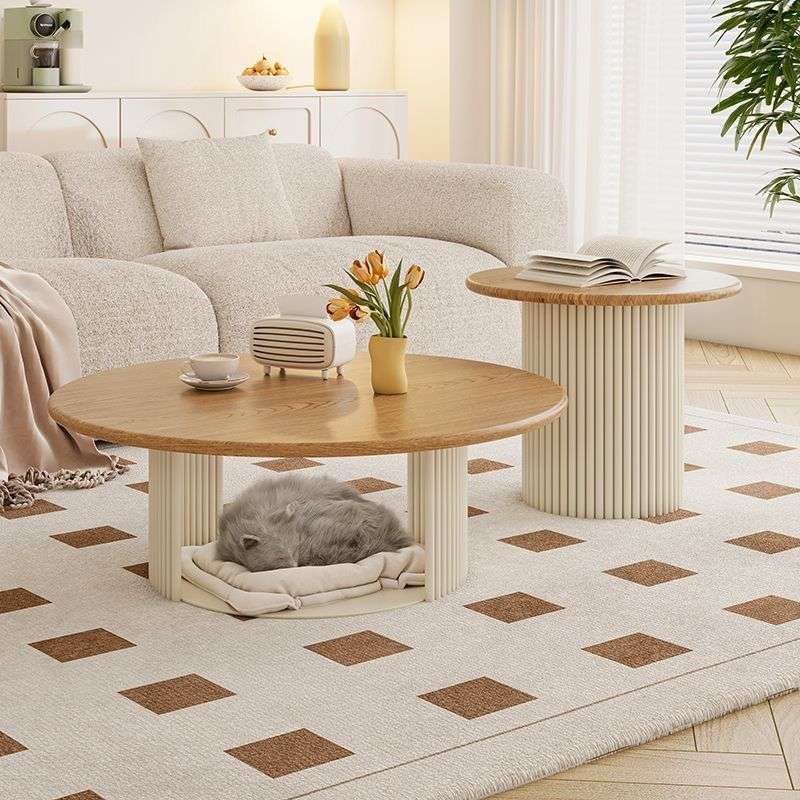 法式奶油风茶几组合猫窝储藏茶几实木椭圆形小茶几极简小户型茶几