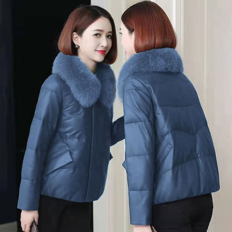 PU皮棉服女短款2025新款冬季狐狸毛领女款小个子加厚海宁皮衣外套
