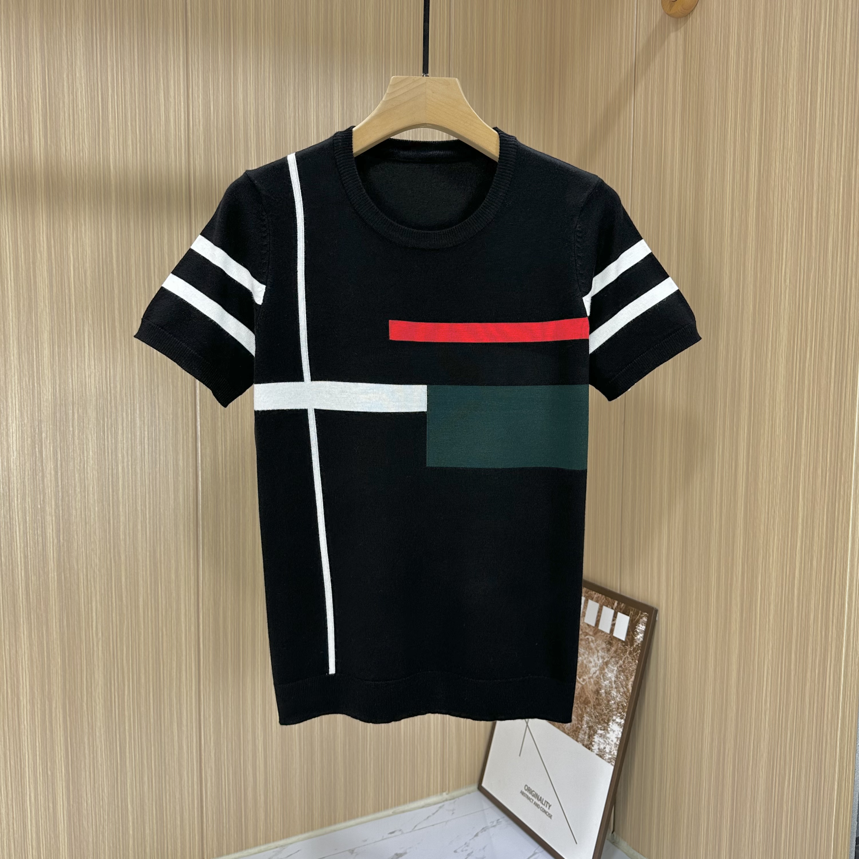 针织短袖T恤男士圆领夏季高端针织半袖薄款修身上衣撞色提花体恤