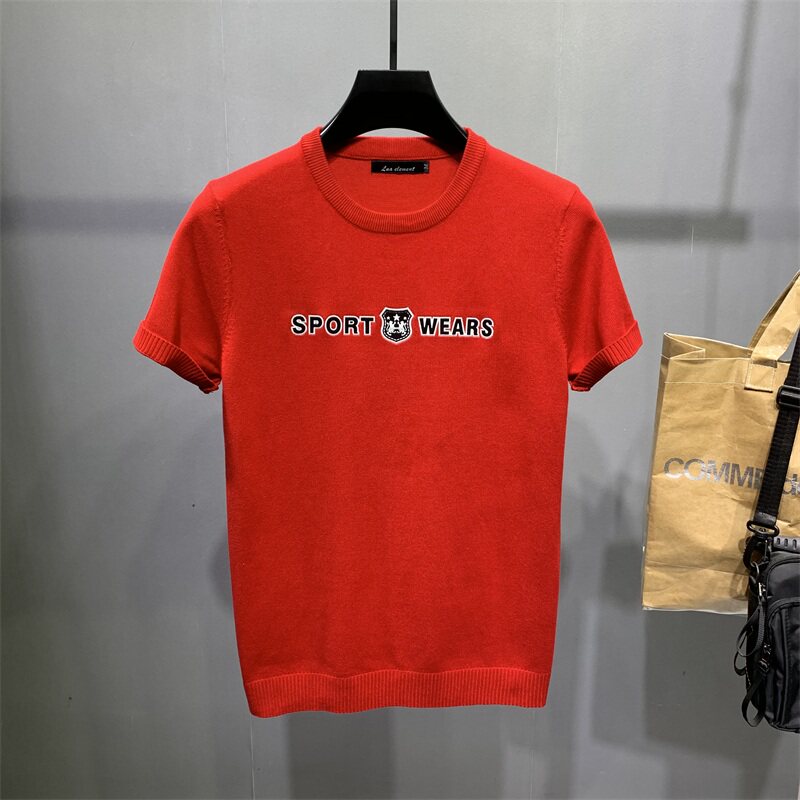 男士简单字母短袖毛衣2022春季男装上衣半袖针织衫圆领大码半截袖