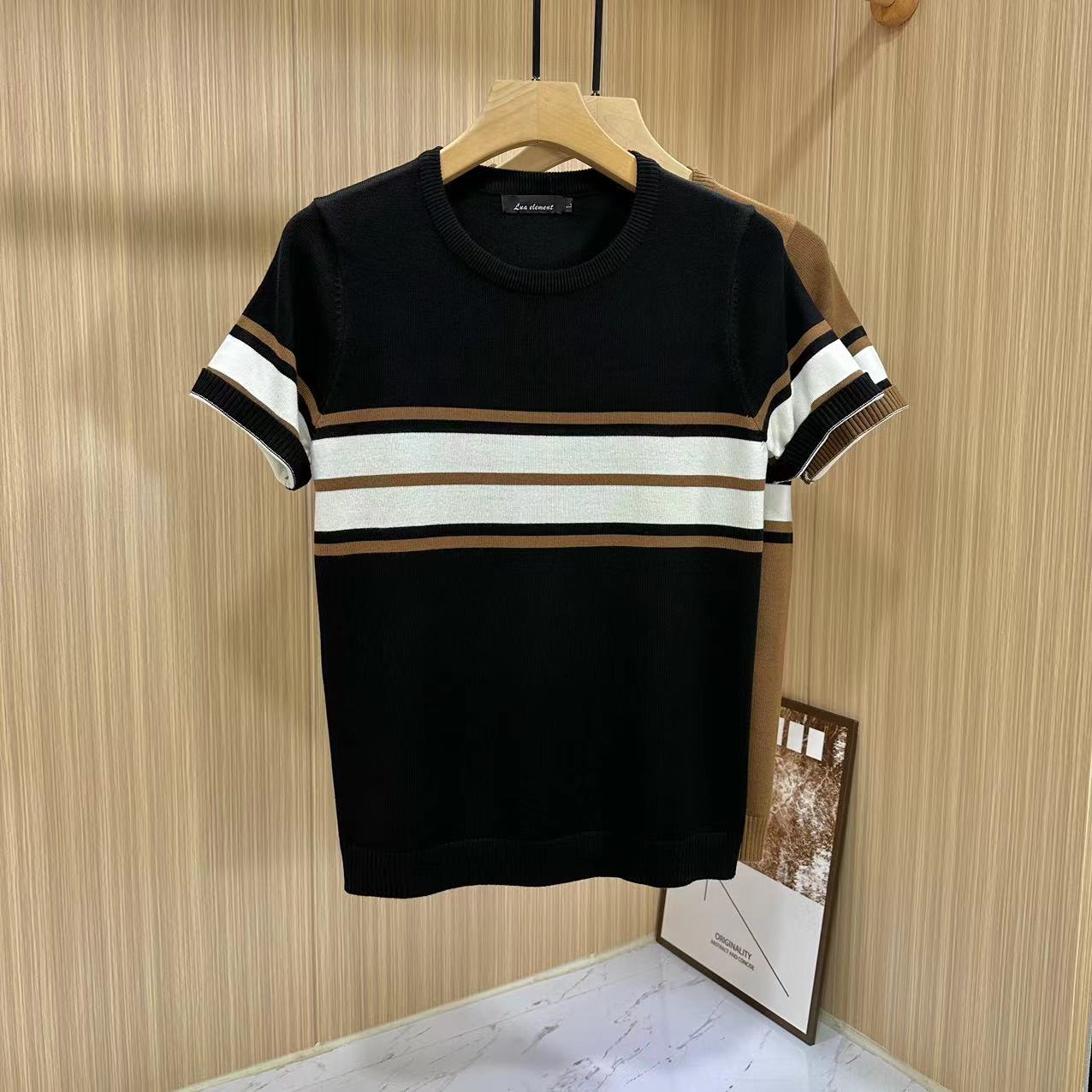 2023秋季圆领条纹提花针织衫短袖T恤男撞色潮流内搭男装毛t打底衫