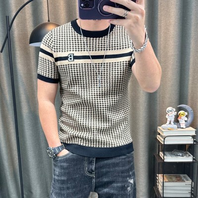 短袖毛衣男秋冬新款千格鸟半袖针织衫圆领内搭打底衫毛线上衣潮