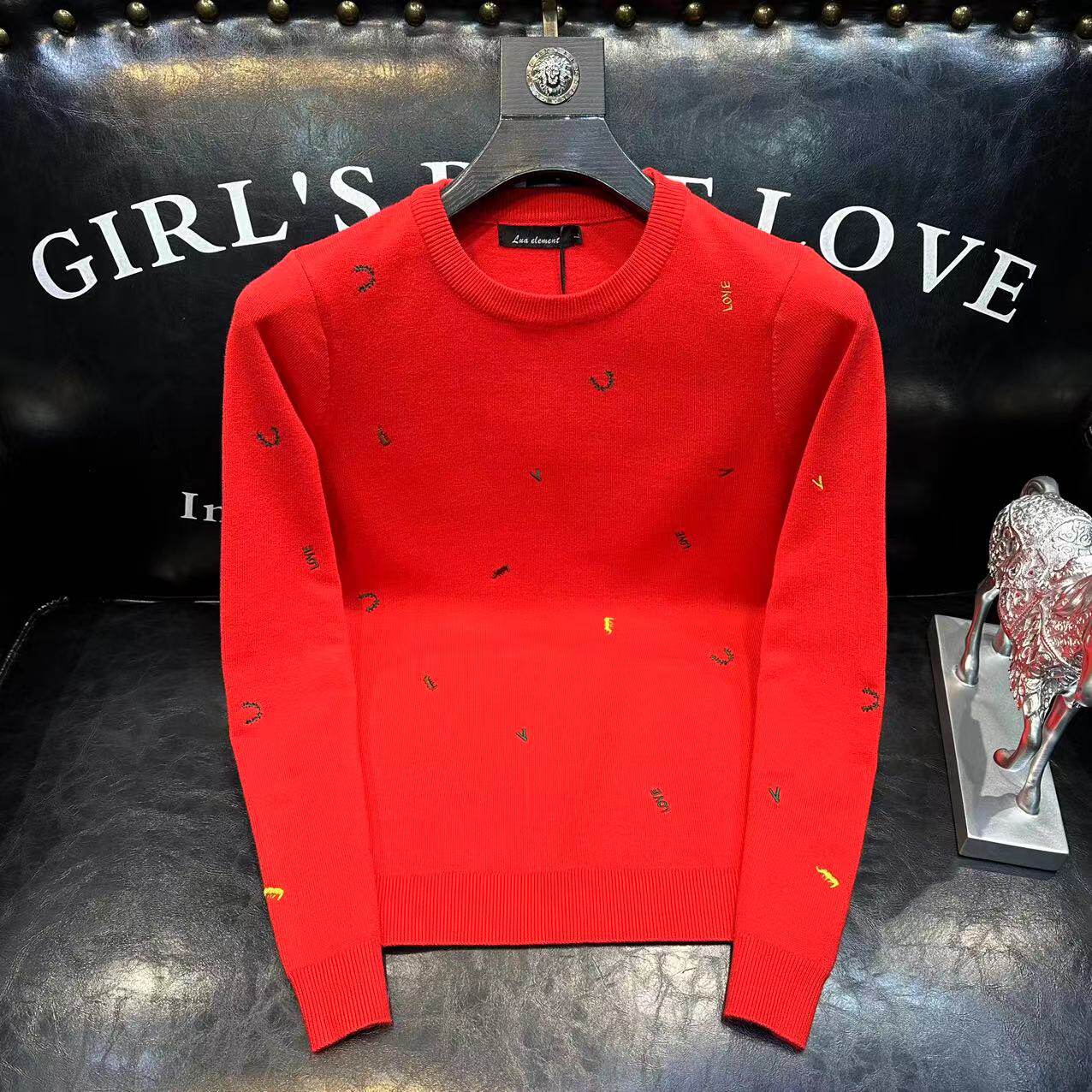 男款秋冬男士本命年圆领长袖针织衫时尚刺绣红色毛衣潮牌男装内搭