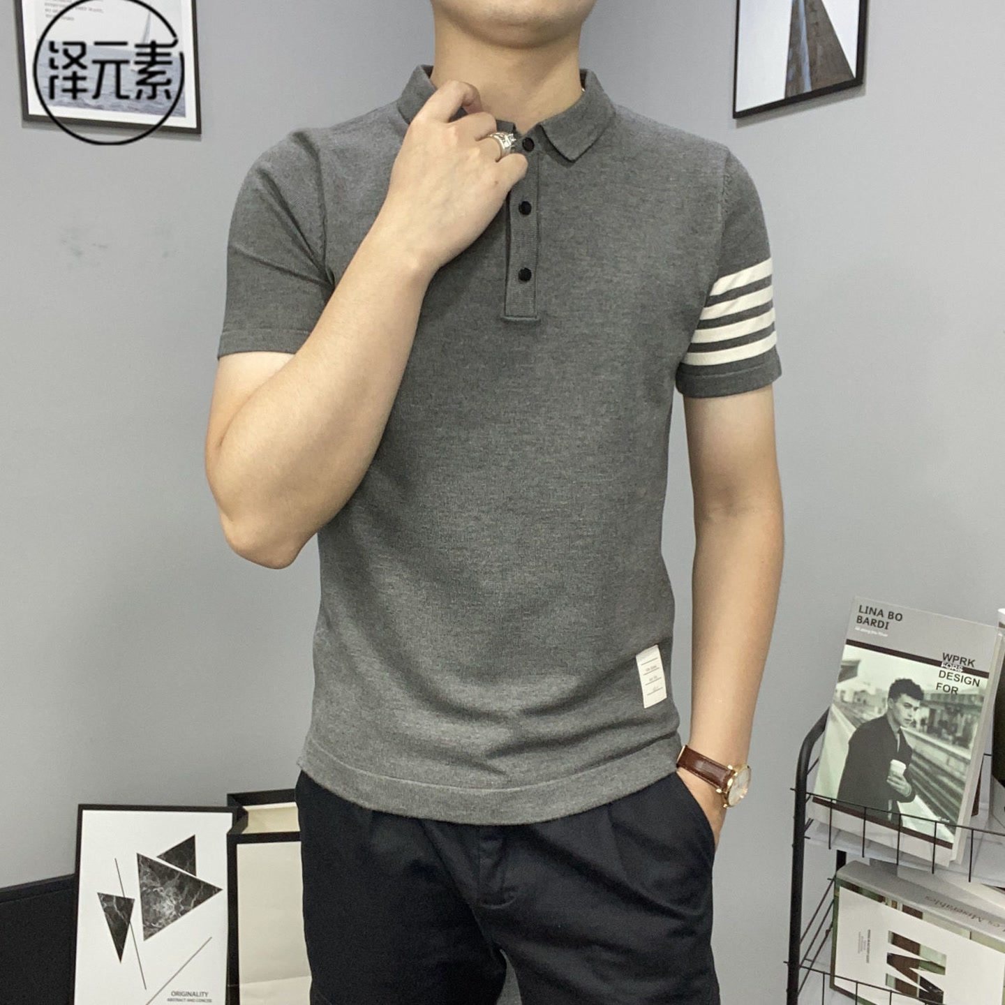 秋季新款条纹翻领短袖毛衣男韩版修身时尚社会大码薄款半袖针织衫