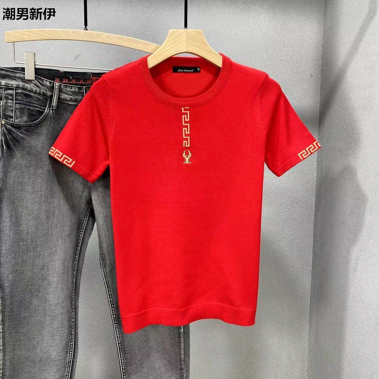 红色本命年半袖毛衣男针织衫短袖鹿头潮流提花刺绣休闲加厚修上衣