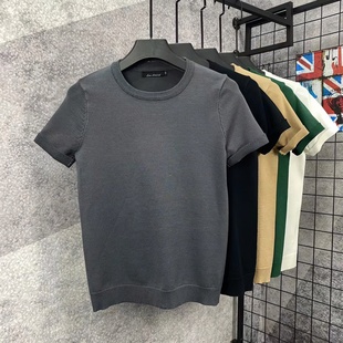 男短袖 简约2024年 圆领冰丝t恤修身 时尚 纯色青年半袖 糖果色针织衫