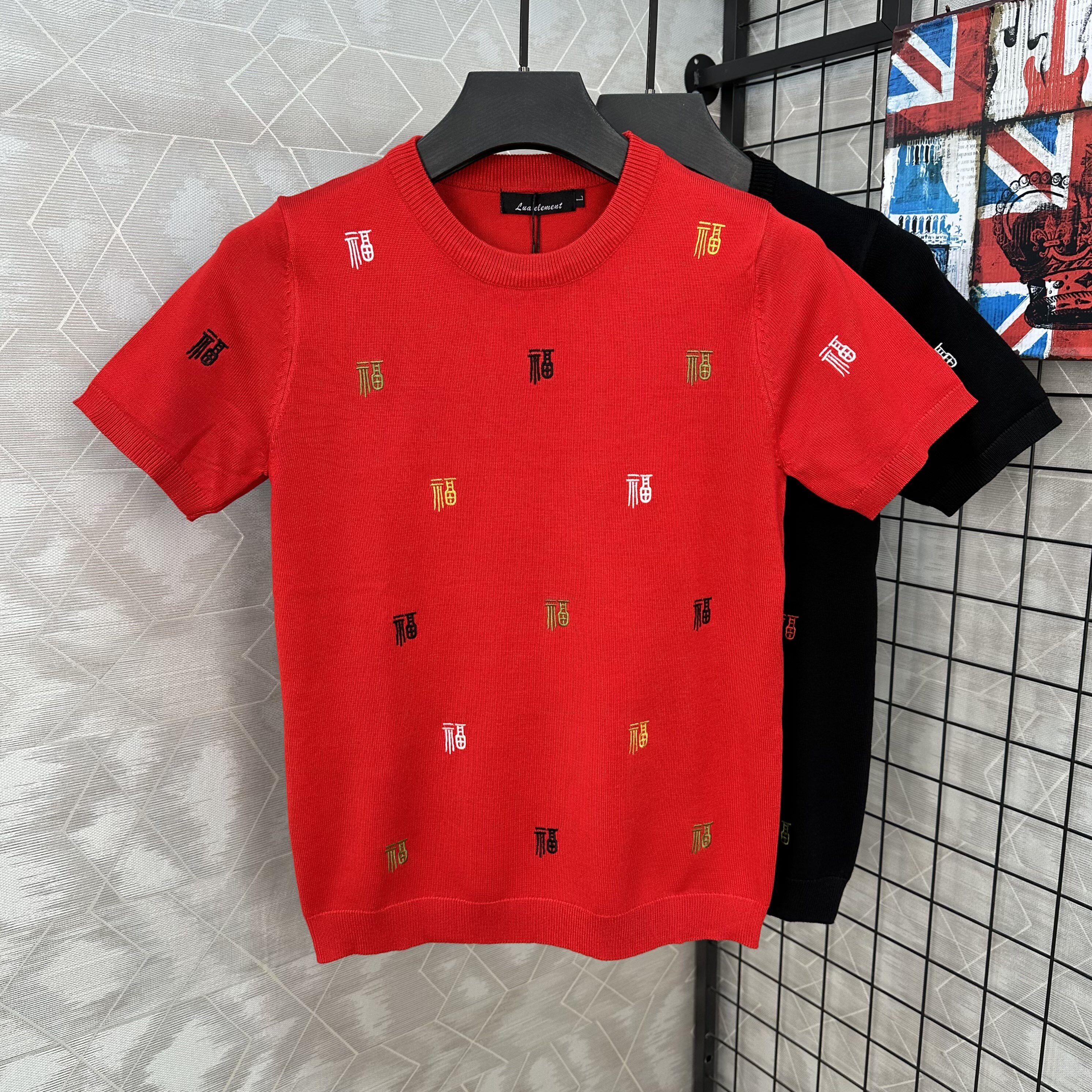 红色针织短袖男毛衣半袖刺绣圆领修身青年套头打底衫新品潮本命年