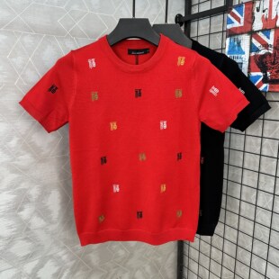 红色针织短袖男毛衣半袖刺绣圆领修身青年套头打底衫新品潮本命年