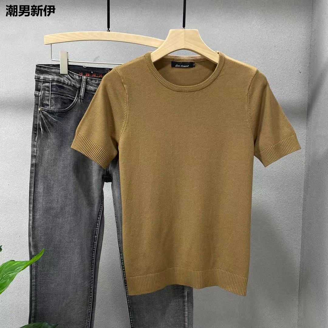 2023秋冬短袖针织打底衫男圆领纯色韩版修身男士半袖加厚圆领毛衣