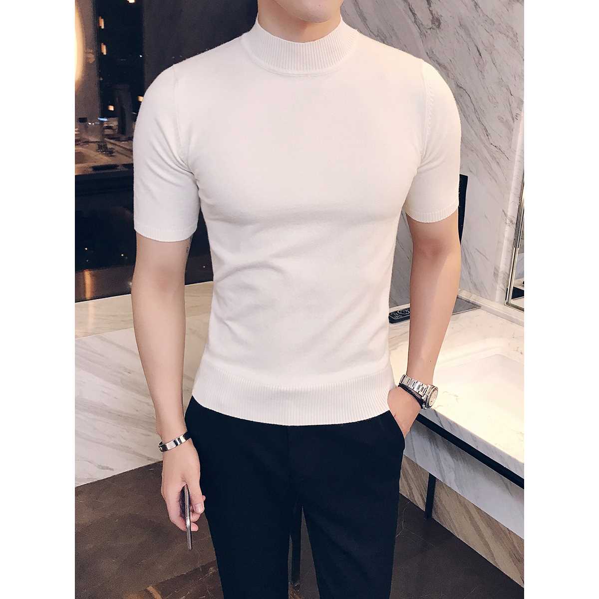 男士毛衣半高领秋冬内搭短袖针织衫男紧身中领纯色线衣修身打底衫