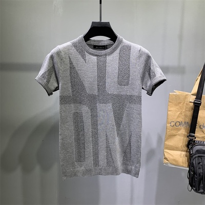 提花潮牌针织衫半截袖男士紧身圆领大码胖子毛衣半袖休闲短袖冬季