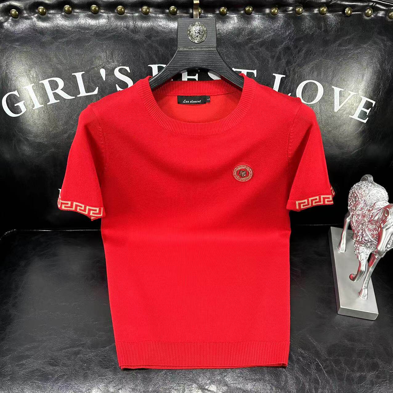 欧洲站本命年红色春秋新款男毛衣半袖轻奢潮牌网红针织短袖打底衫