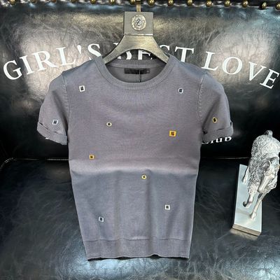 简约刺绣短袖毛衣男款冬季内搭打底衫2025新款男士针织厚款半截袖