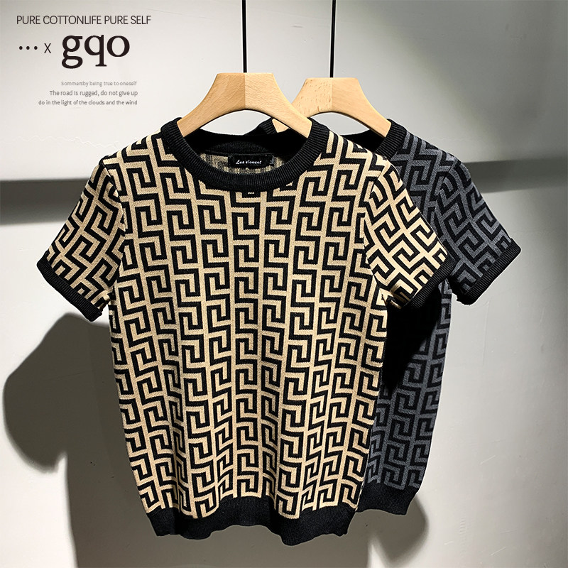 GQ高级感时尚条纹短袖针织衫男士潮牌高端休闲修身秋季新款毛衣