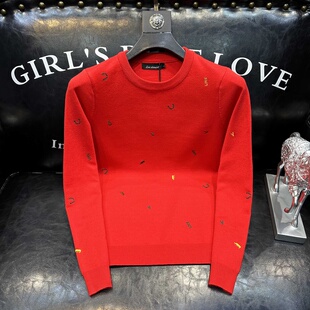 男款秋冬男士本命年圆领长袖针织衫时尚刺绣红色毛衣潮牌男装内搭