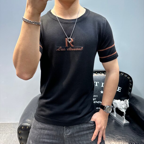 短袖毛衣男士春秋新款圆领纯色半袖青年韩版提花针织高品质打底