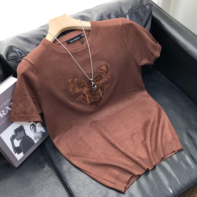 2023年春秋短袖t恤男毛衣半截袖针织衫打底衫青年修身老虎大红色