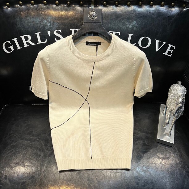 感线条设计短袖上衣春季潮牌圆领T恤男士修身针织半袖打底衫