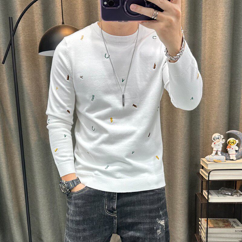 圆领长袖毛衣男秋冬新款卡通刺绣弹力紧身内搭圆领打底衫针织上衣