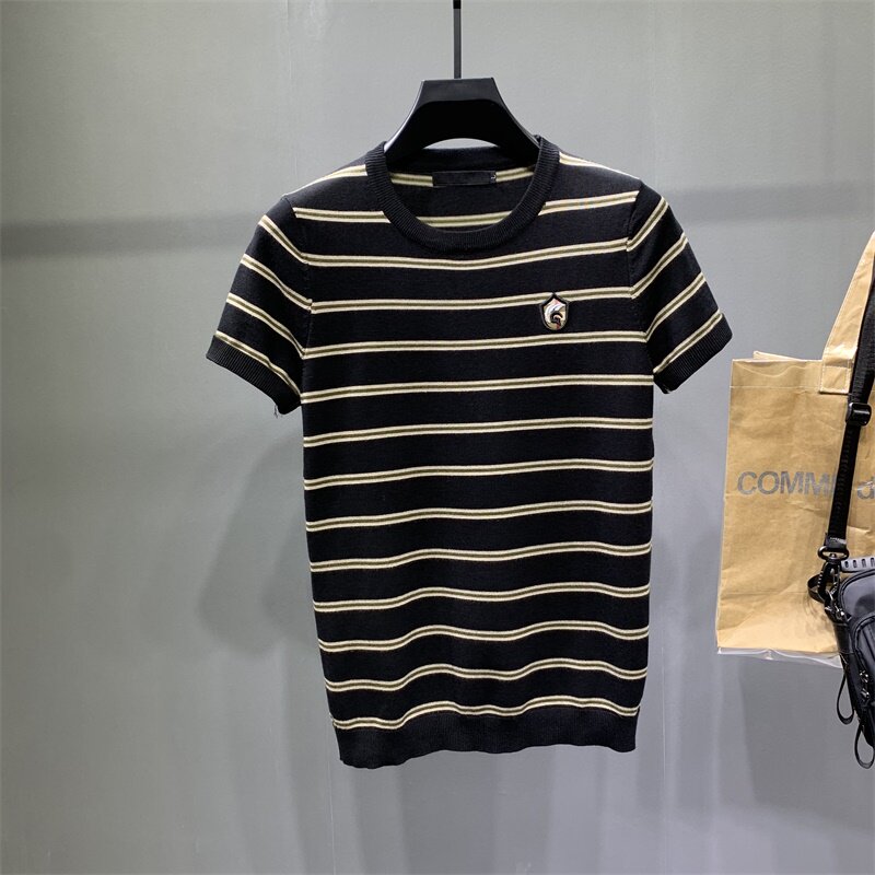 男士大码圆领韩版条纹短袖毛衣潮流帅气时尚针织衫半袖修身打底衫