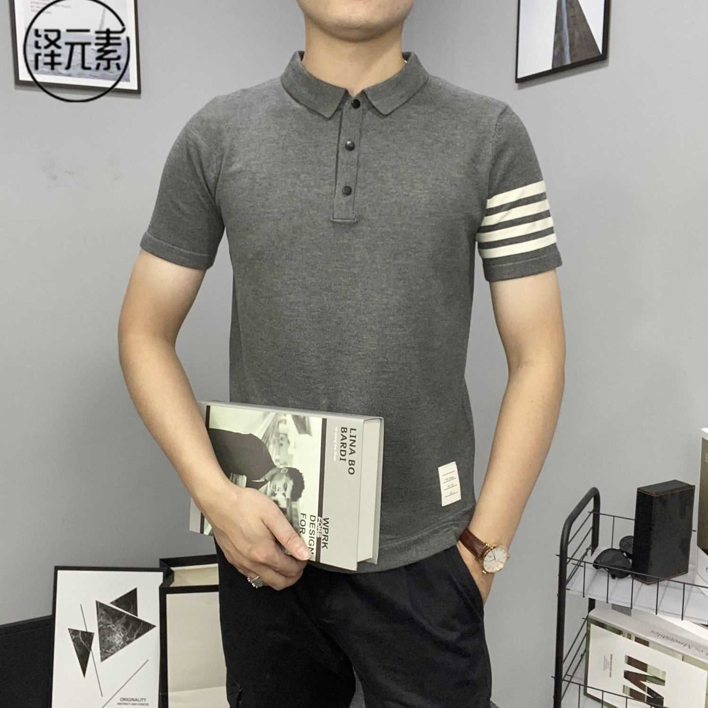 秋季新款条纹翻领短袖毛衣男韩版修身时尚社会大码薄款半袖针织衫