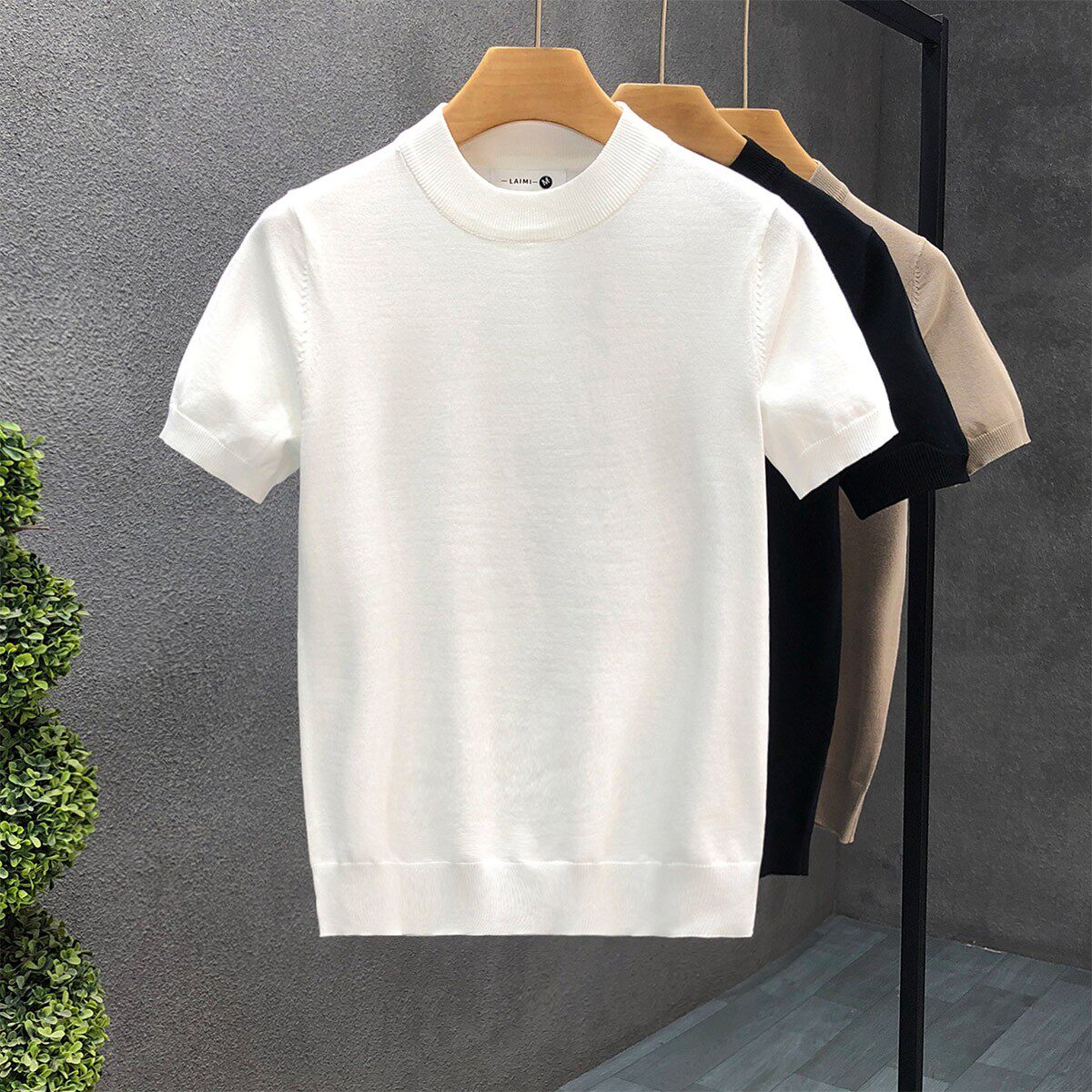 极简轻奢中领短袖毛衣男冬季内搭打底衫男士白色厚款半袖针织衫