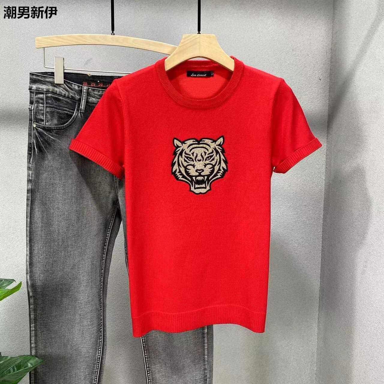 男士秋冬款毛衣虎年本命短袖T恤虎头印花圆领修身针织衫打底衫帅