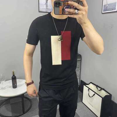男拼色针织衫半袖毛衣秋冬季百搭短袖加厚针织潮流t恤男装半截袖