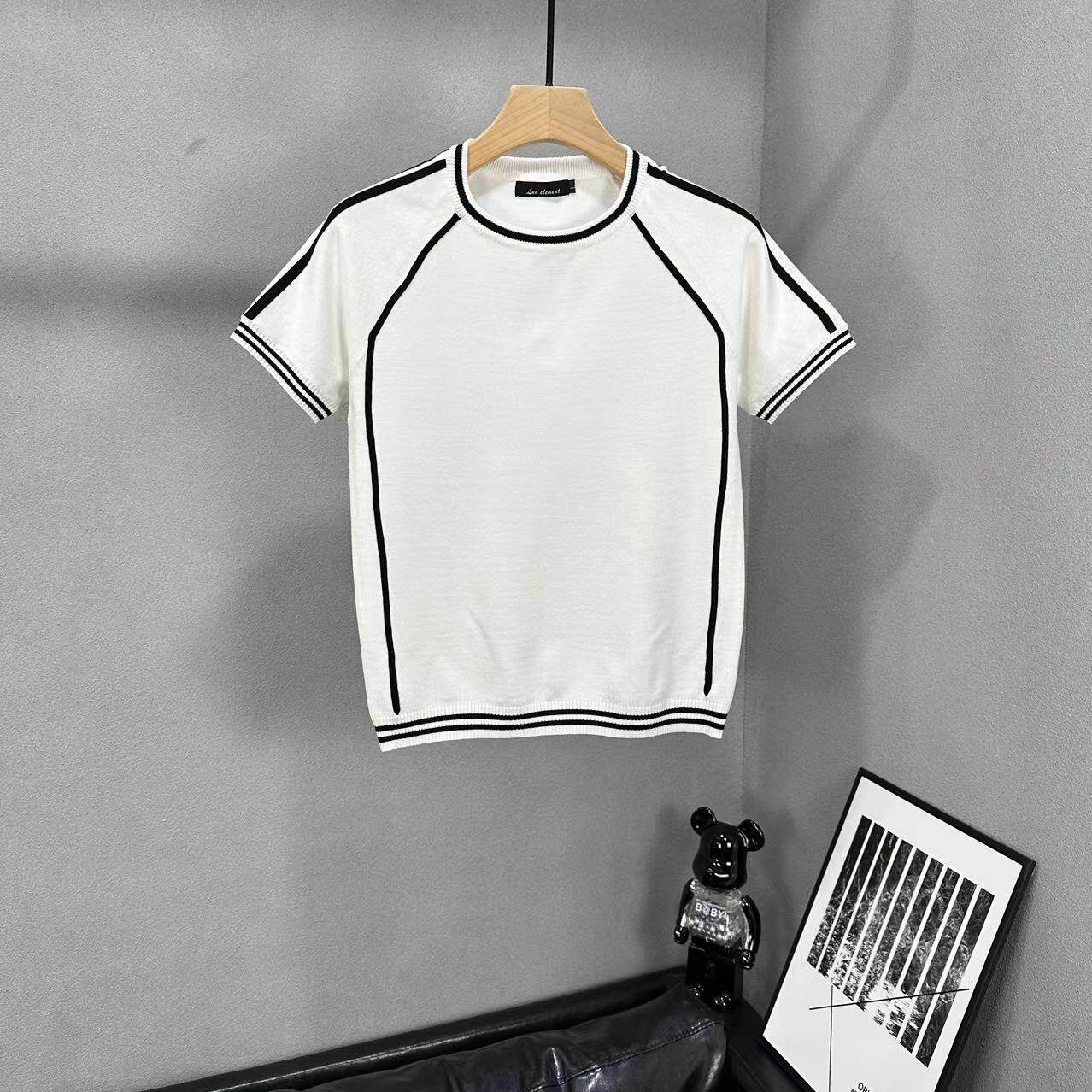 2023轻奢高级感条纹线条设计短袖t恤男士潮流针织冰丝夏装半袖