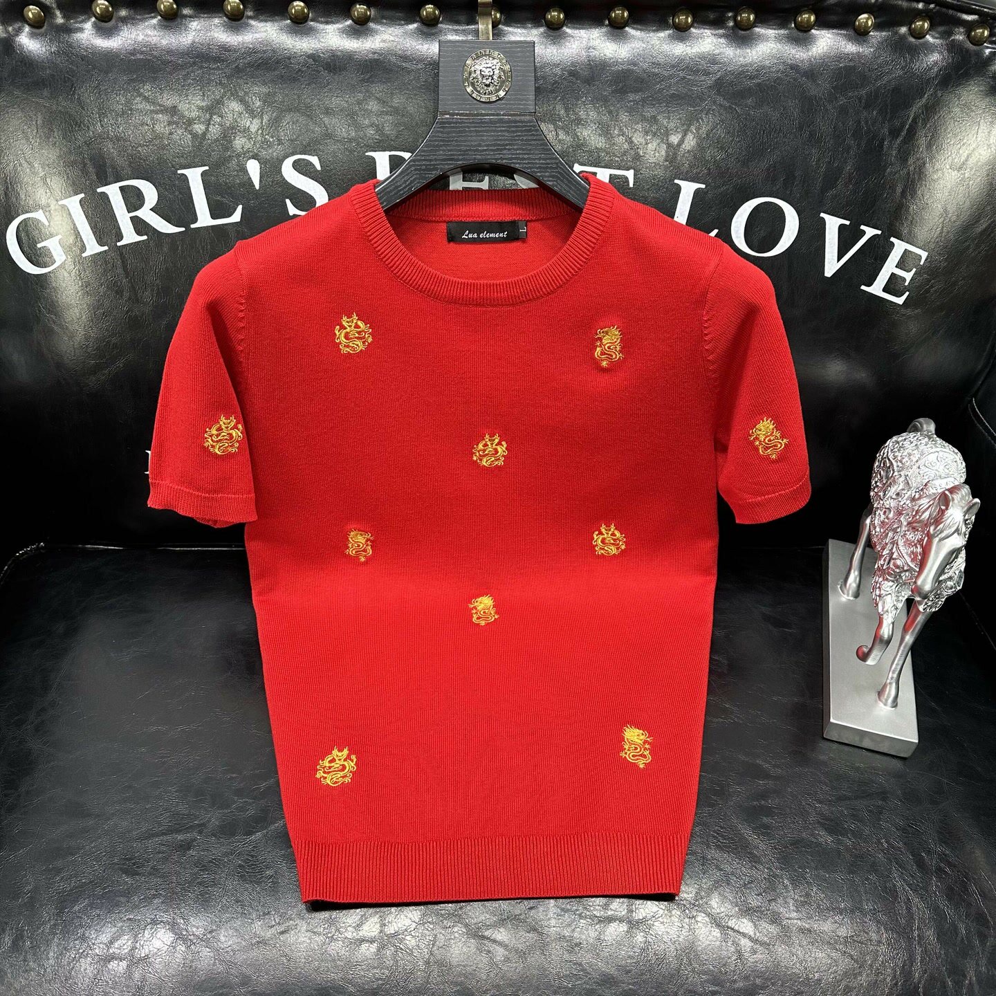 欧洲站短袖针织衫男简约轻奢立体刺绣圆领修身半袖打底红色毛衣