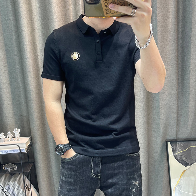 翻领短袖针织polo衫修身男士半袖有领上衣弹力紧身半截袖带领毛衣