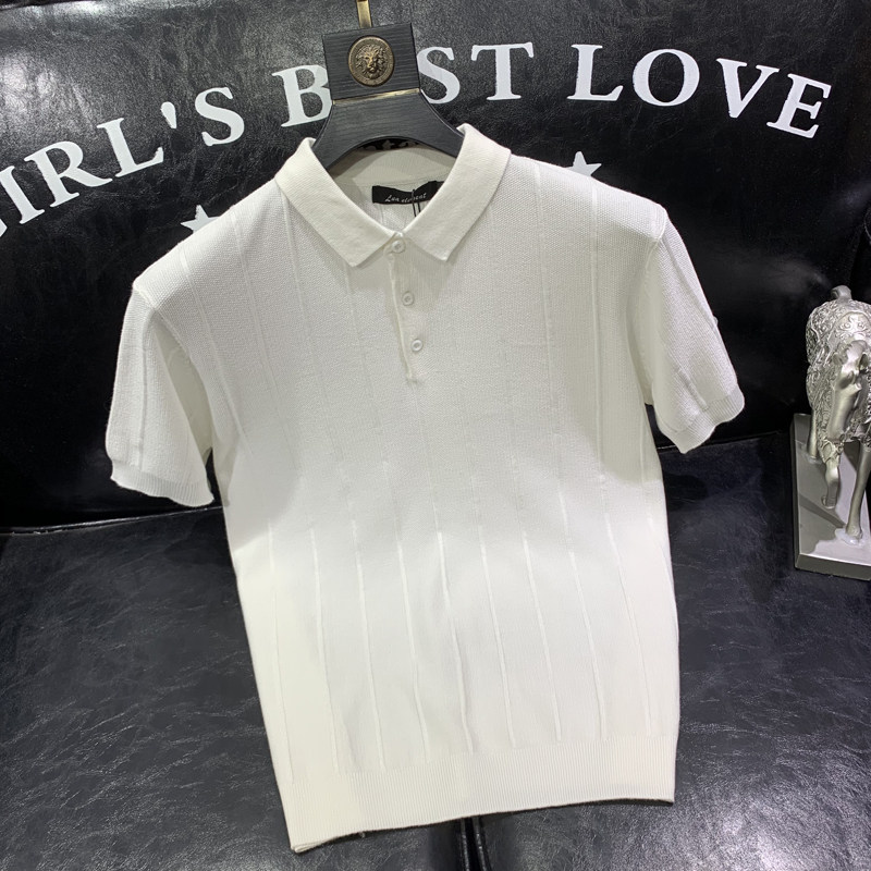 冰丝翻领青年打底衫夏季新款男士针织短袖POLO衫纯色竖条纹半截袖