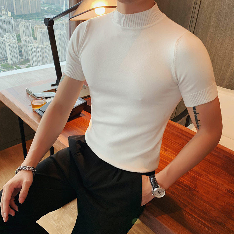 半高领针织短袖毛衣打底衫男春季修身纯色T恤潮流休闲英伦风上衣