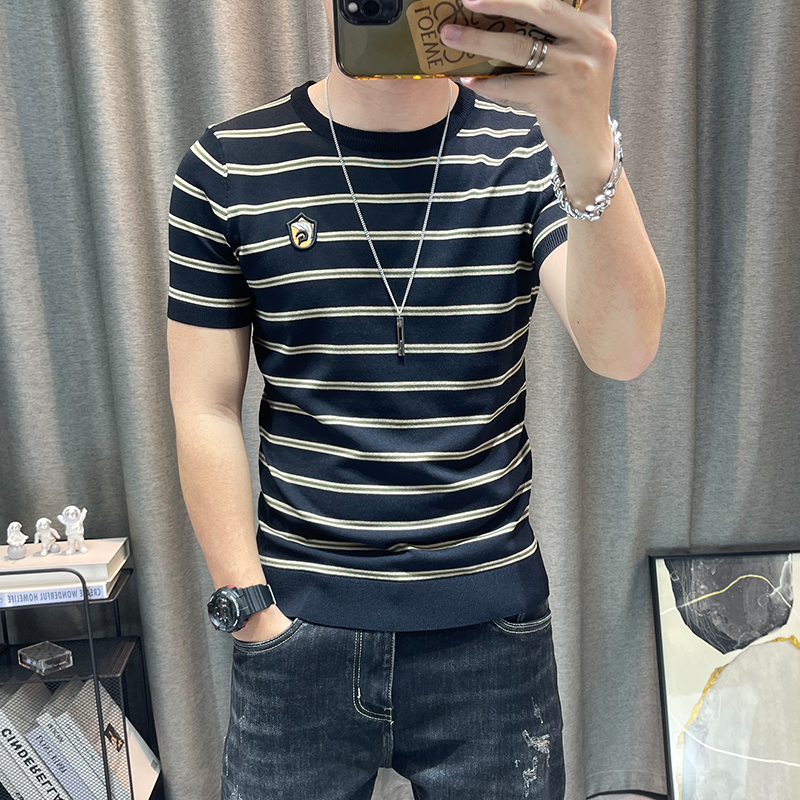 条纹短袖针织衫男修身半袖毛衣青年弹力紧身衣精神小伙帅气上衣潮